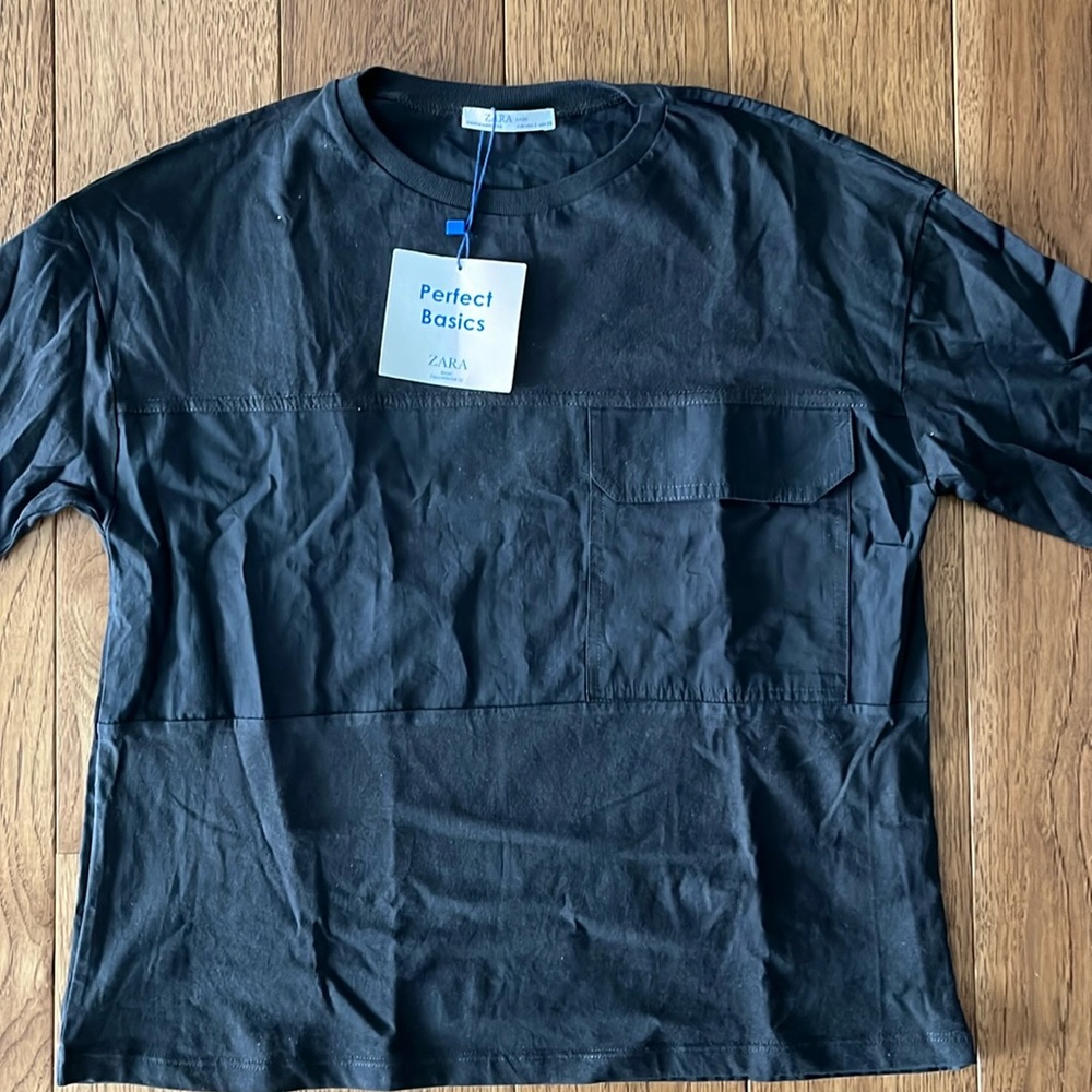 NWT Zara Basics 100 Cotton 3/4 sleeve shirt dark grey/ black size s